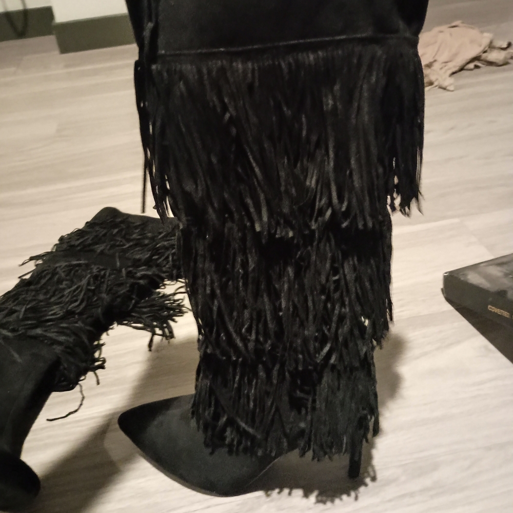 Lulu's Black Fringe Knee-High Boots - Picture 7 of 14